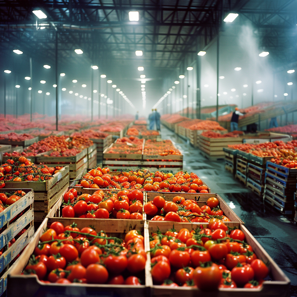 Crates of produce in a warehouse