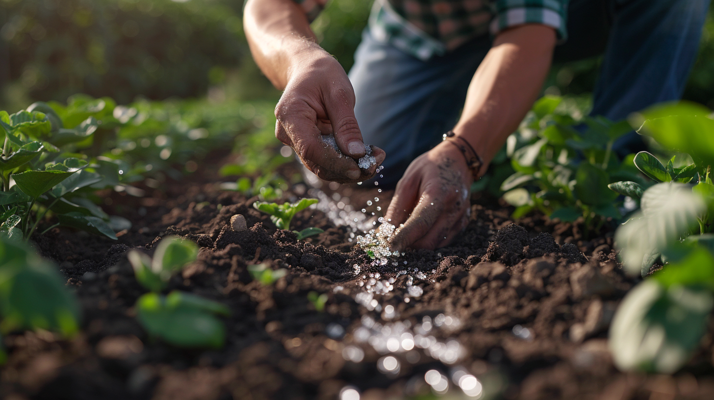 Granules being placed in soil beside growing plants