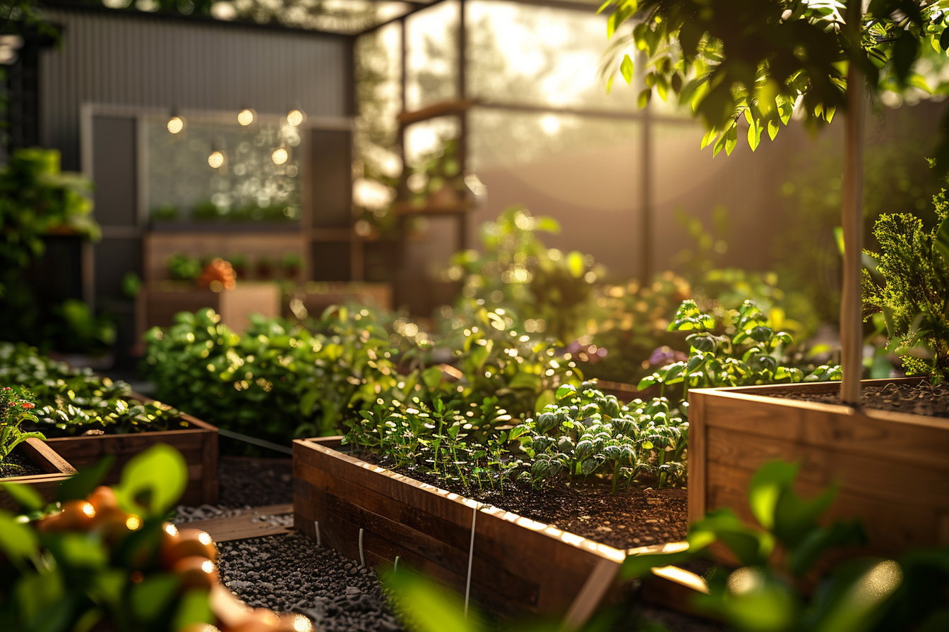 Planted beds and greenery in an urban garden