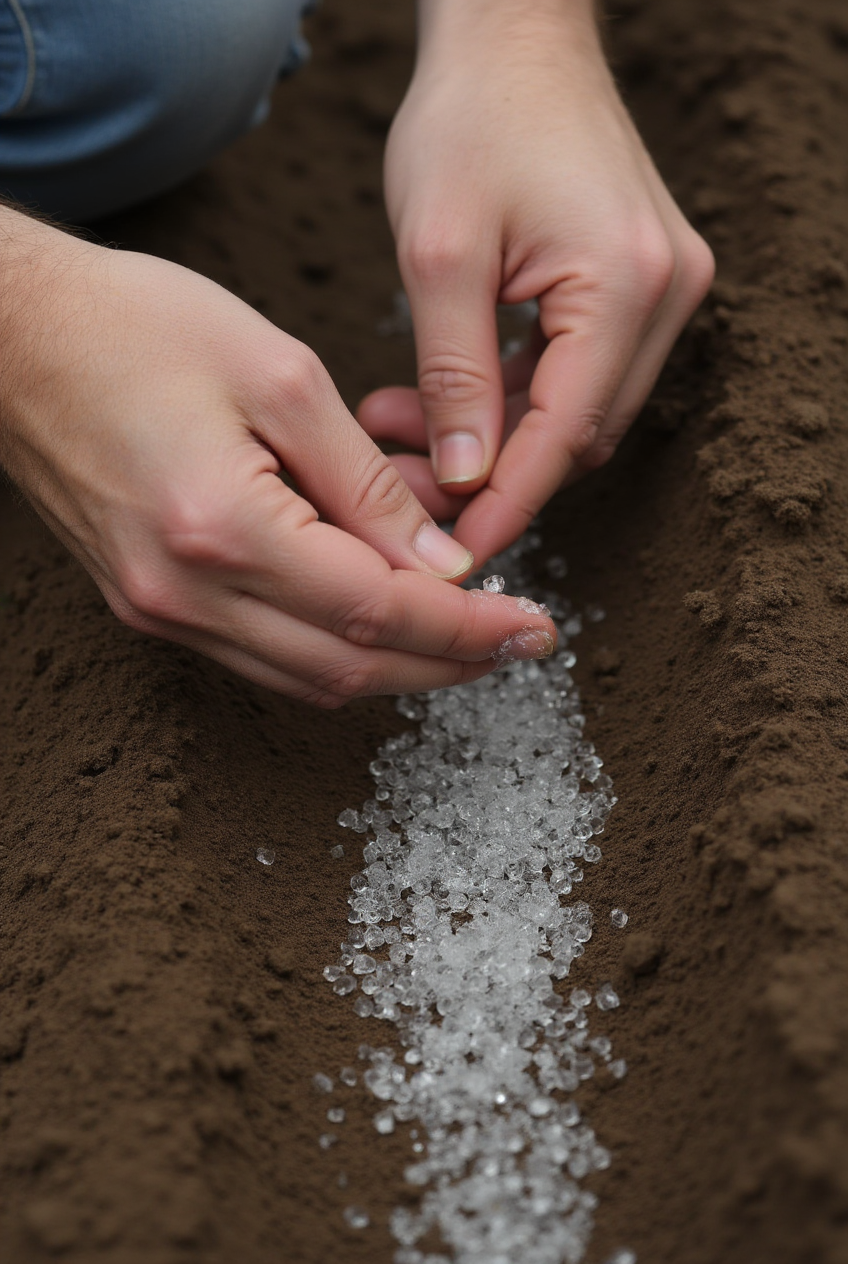Granules placed in a prepared soil trench